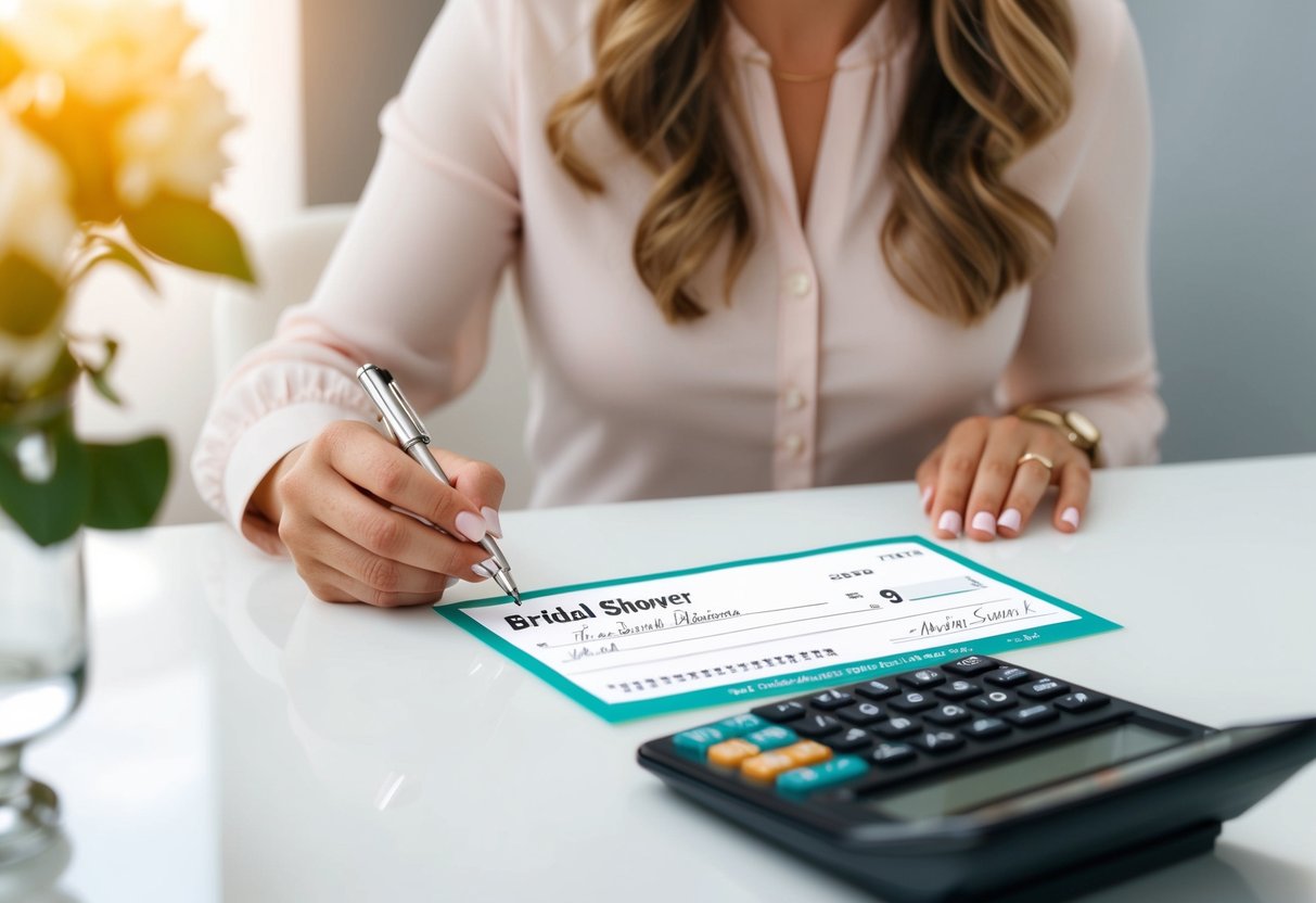 A woman writing a check with a bridal shower invitation and a calculator on the table