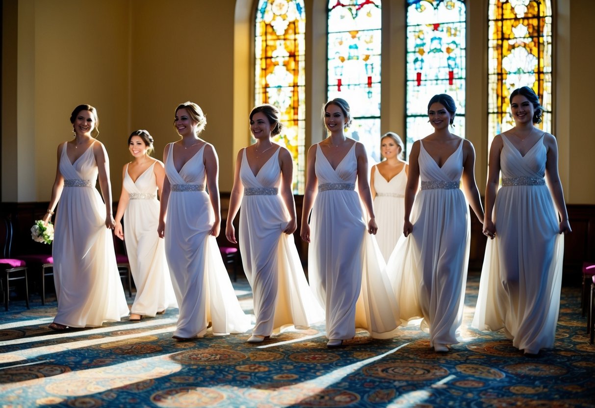 Eight bridesmaids walk down the aisle in a graceful line, their flowing dresses swaying with each step. The sunlight filters through the stained glass windows, casting colorful patterns on the floor