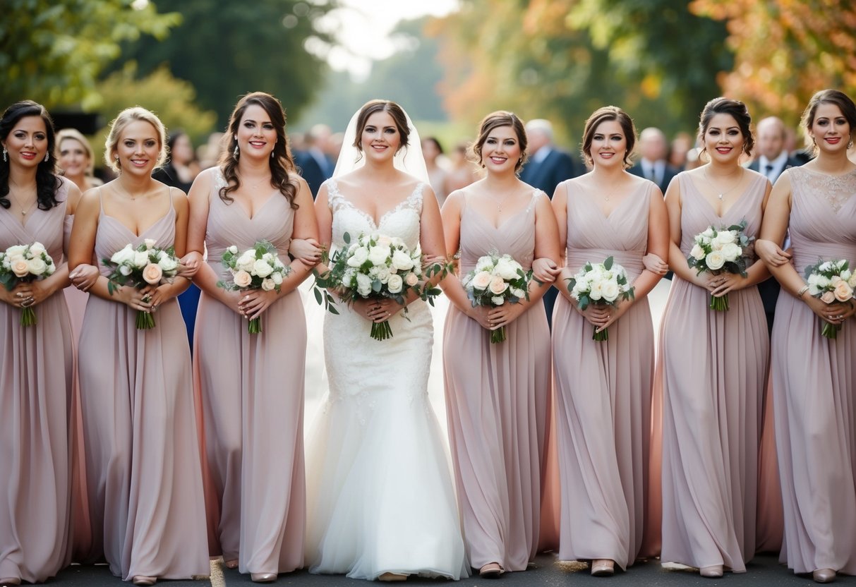 Eight bridesmaids walk in a processional down the aisle