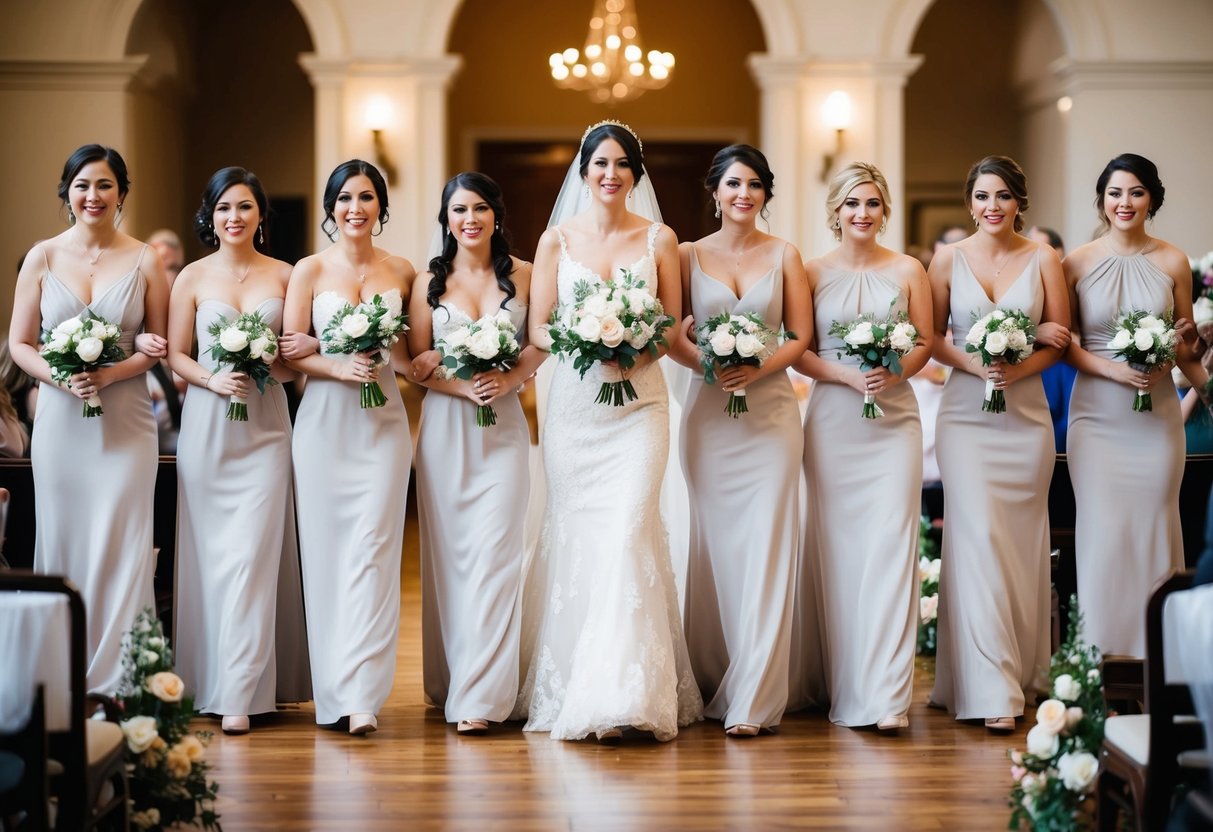 Eight bridesmaids walk down the aisle in a graceful procession, their steps synchronized to the music playing in the background