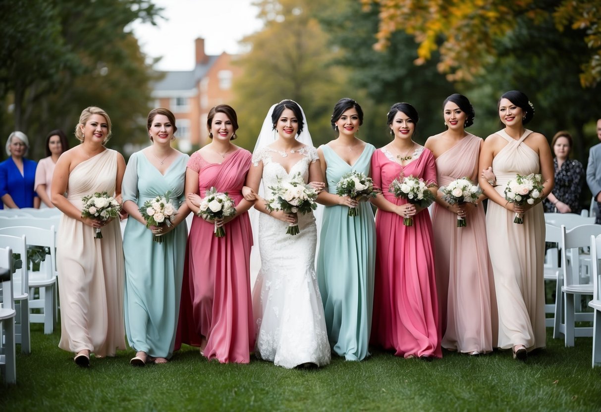 Eight bridesmaids walking down the aisle in traditional attire