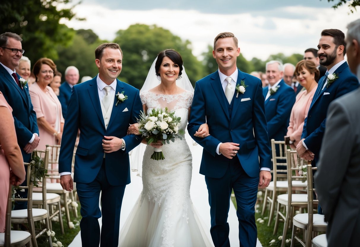 The groom walks alongside his mother, both smiling as they make their way down the aisle