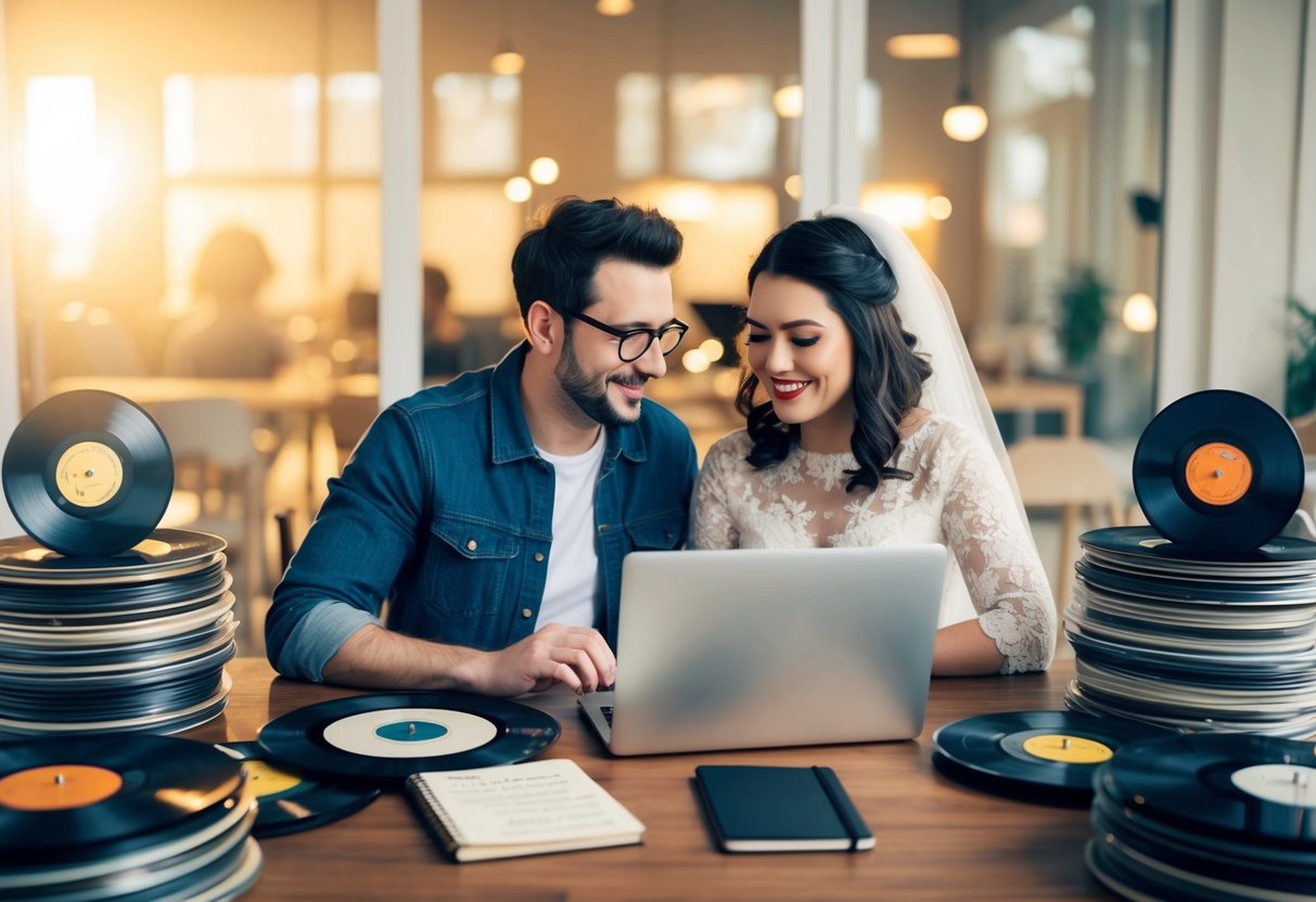 A couple sits at a table surrounded by stacks of vinyl records, a laptop, and a notebook filled with song titles. They listen to music and discuss their wedding playlist