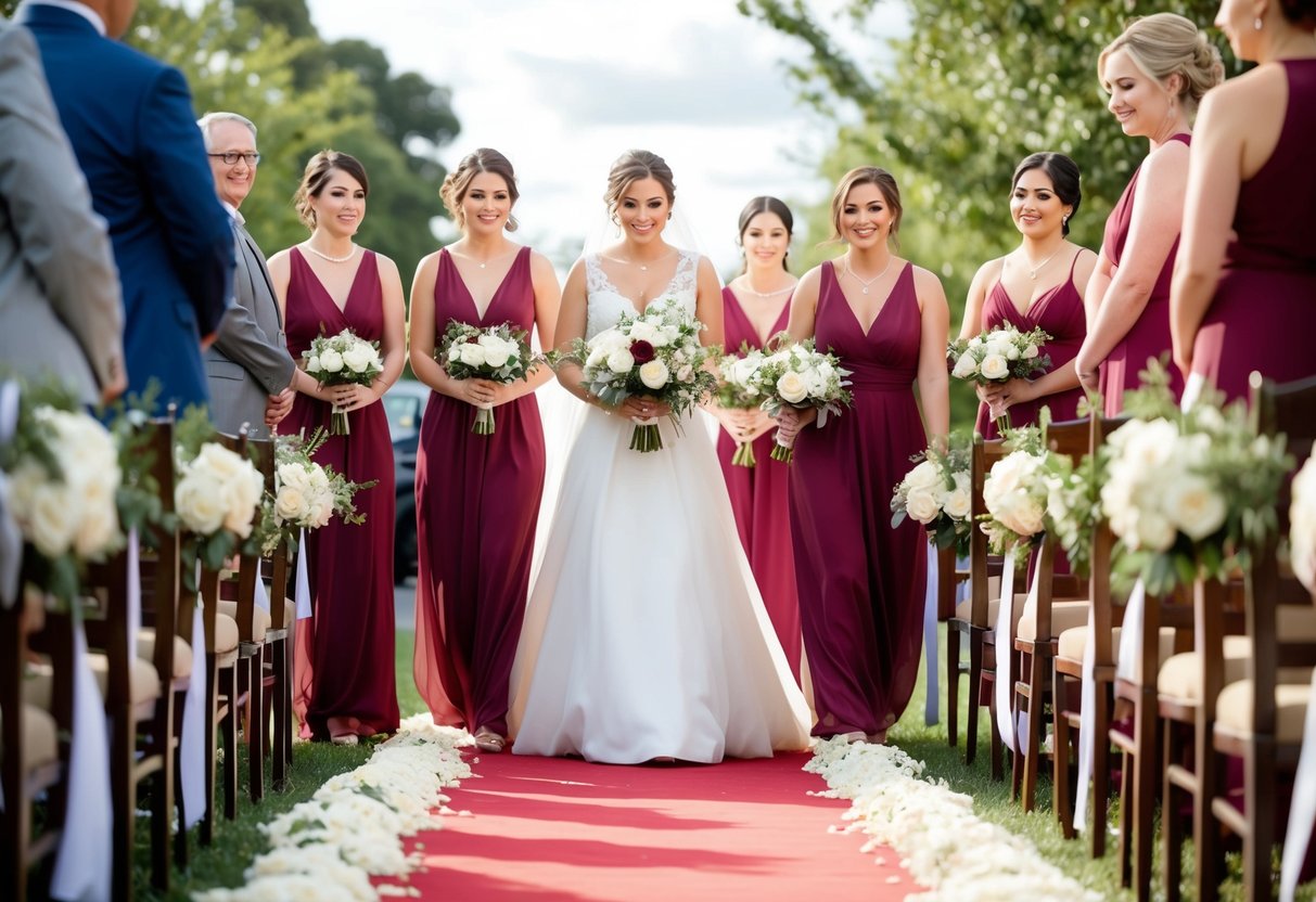 Bridesmaids walk before bride down flower-lined aisle
