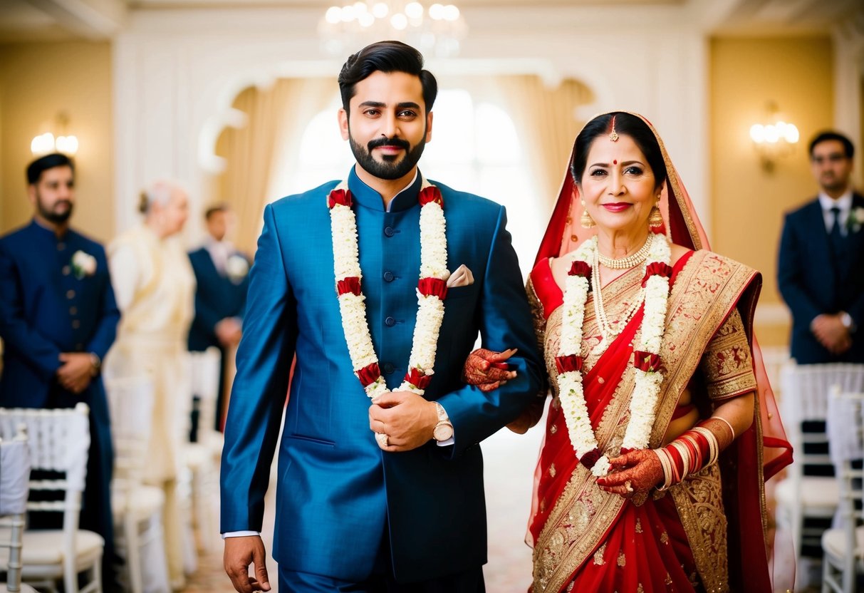 The groom enters the wedding venue alongside his mother, both adorned in traditional attire representing their cultural background