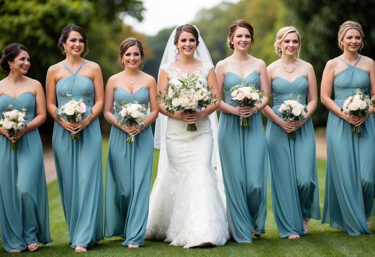 Bridesmaids precede the bride in a traditional processional, walking in a line with flowers or other decorations