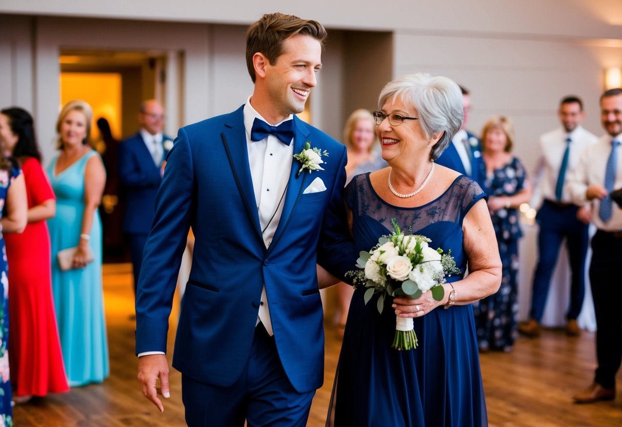 The groom and his mother make their way into the reception area, smiling and chatting with guests