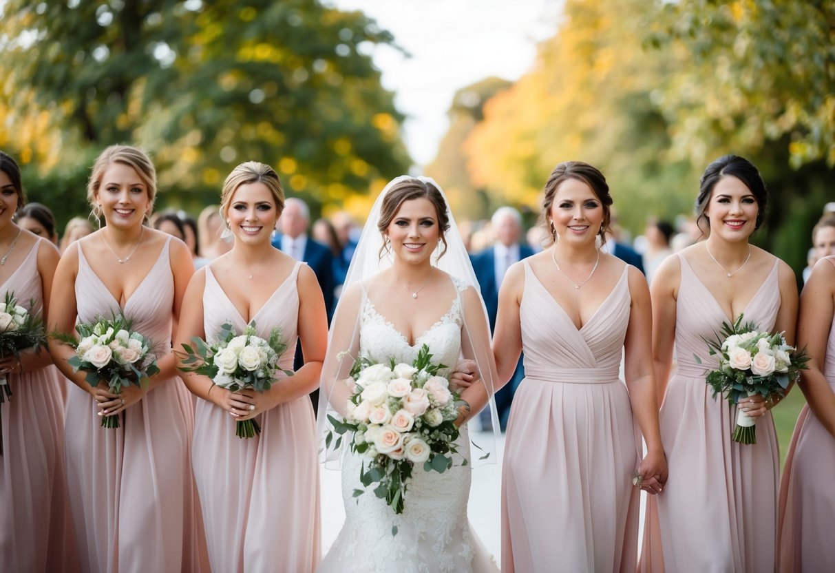 Bridesmaids walk ahead of the bride in a ceremonial procession
