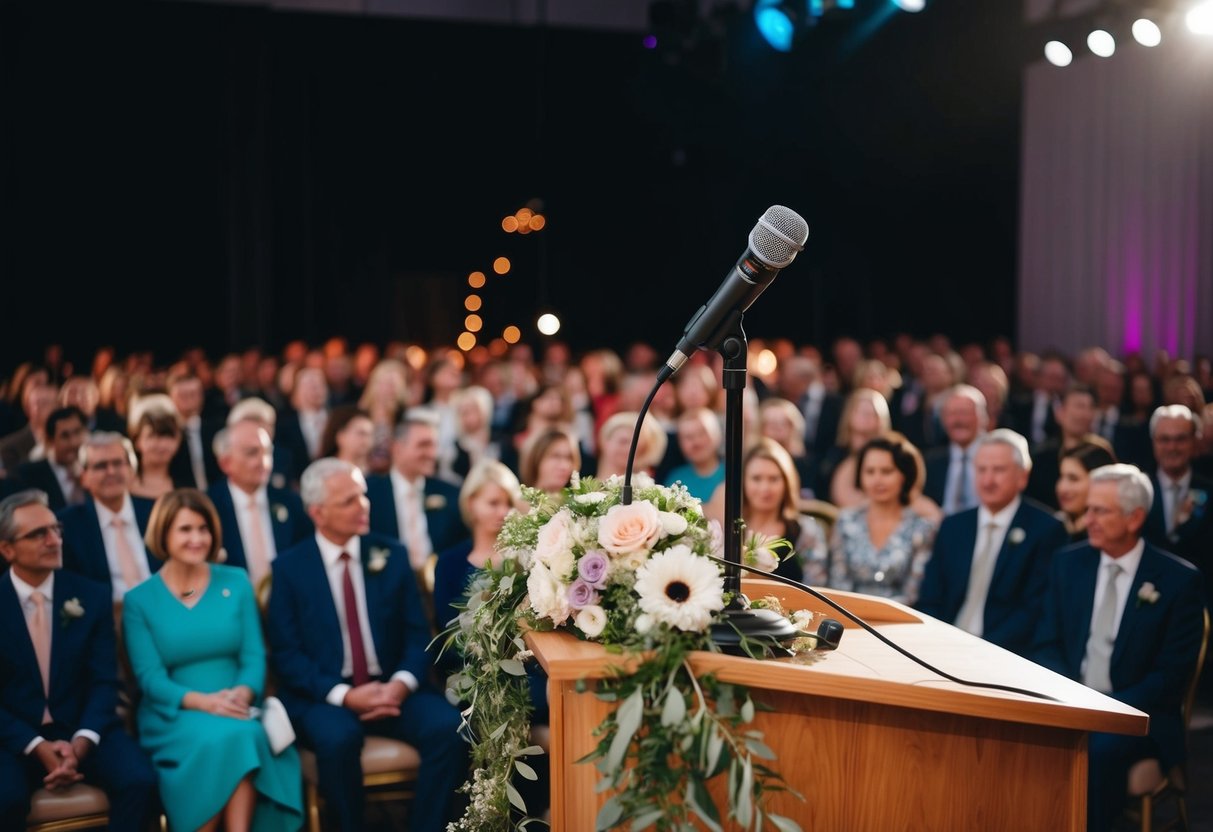 A microphone stands on a podium adorned with flowers. A crowd of guests is seated, facing the speaker's spotlit area