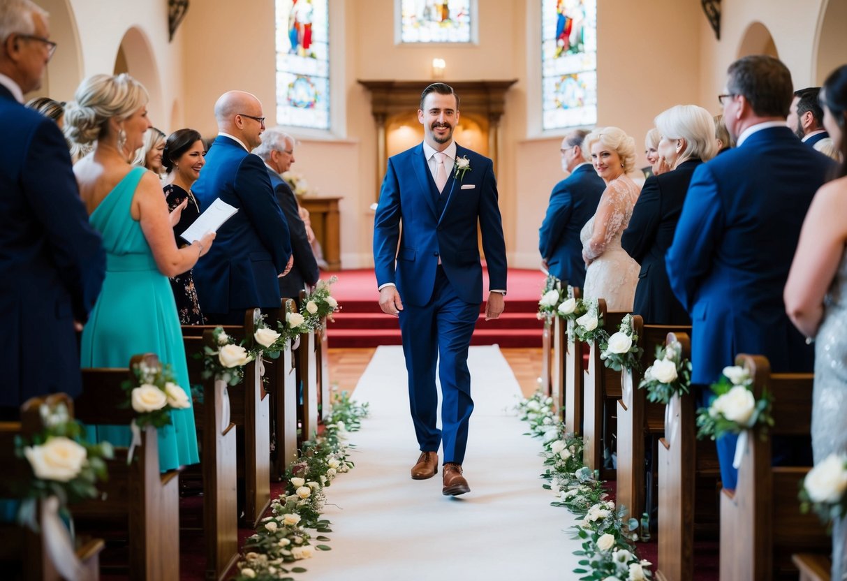 A groom walks down the aisle as a song plays