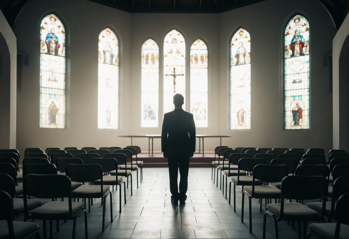 A lone figure stands at the end of an empty aisle, surrounded by empty chairs and fading sunlight filtering through stained glass windows