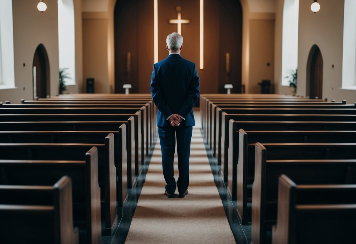 A solitary figure stands at the start of the aisle, surrounded by empty pews, symbolizing independence and strength in the face of tradition