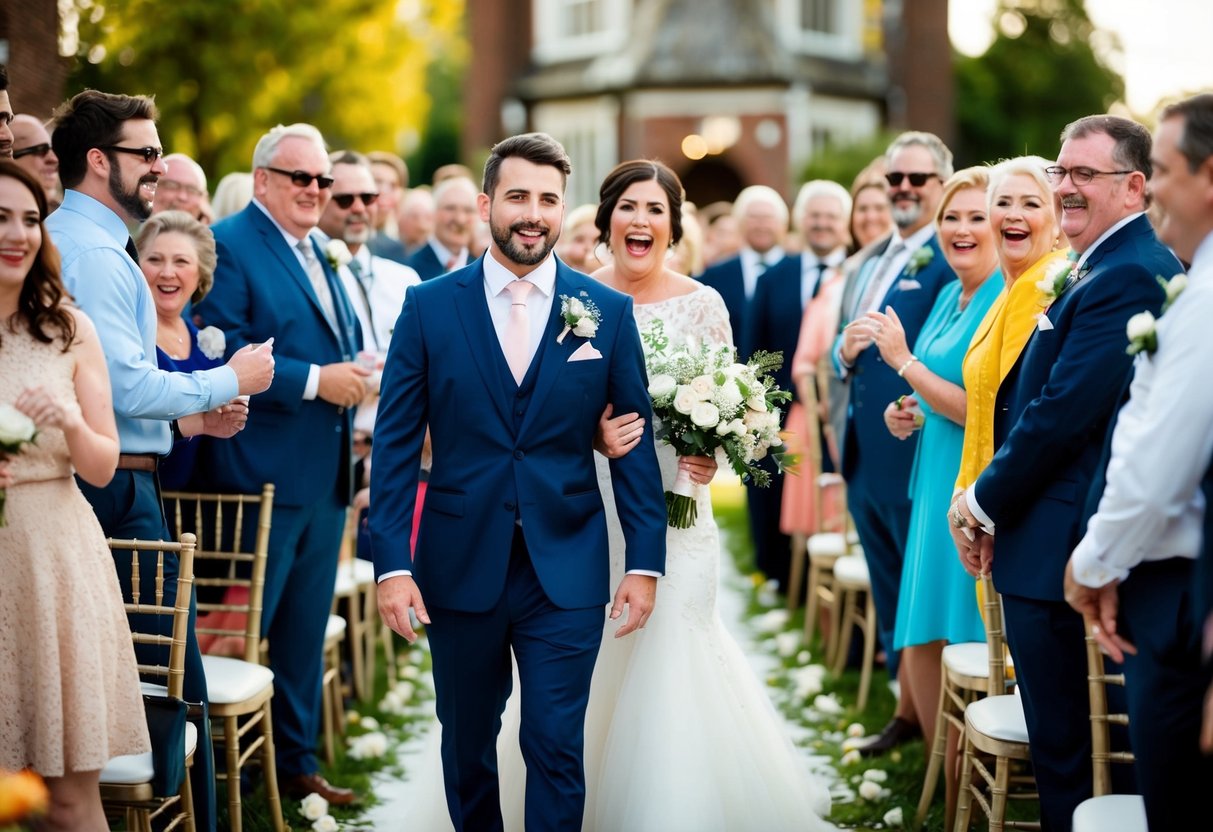The groom walks down the aisle, surrounded by joyful guests, to the sound of a popular and romantic song