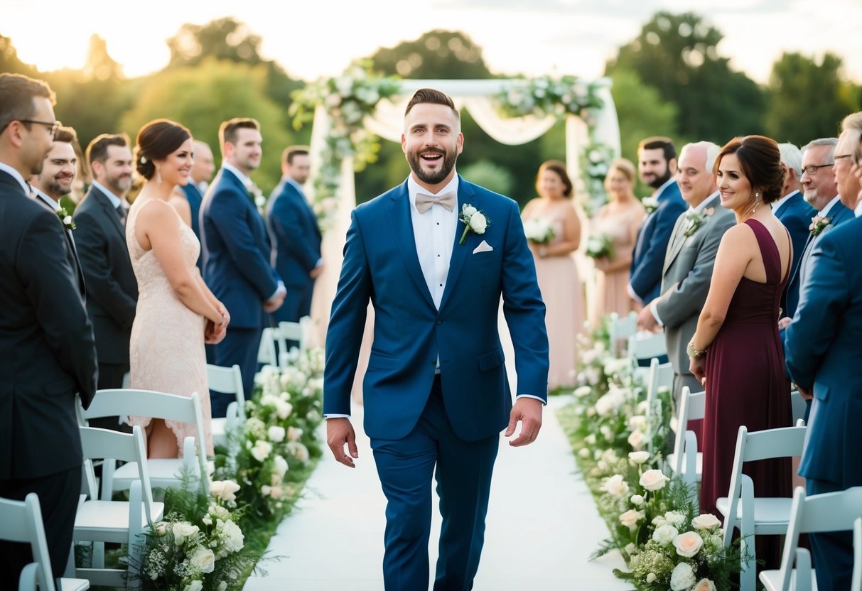 The groom walks down the aisle to the sound of a romantic and uplifting song, setting the tone for the wedding ceremony