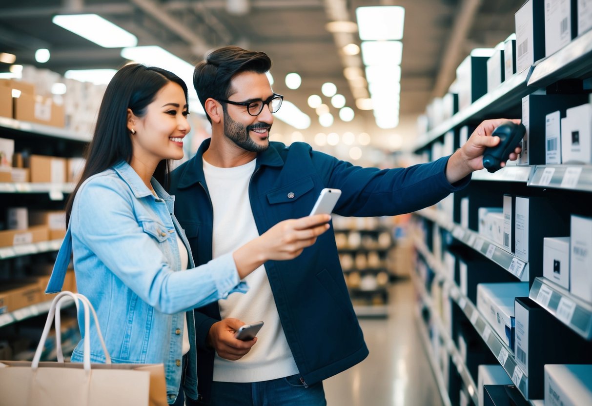 A couple selecting items from a store, scanning barcodes, and adding them to a digital registry