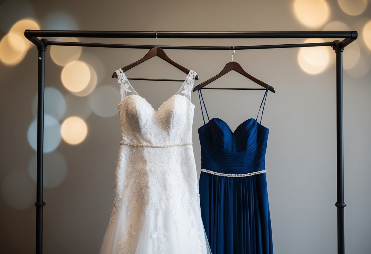 The bride's gown and the groom's mother's outfit hanging together on a rack