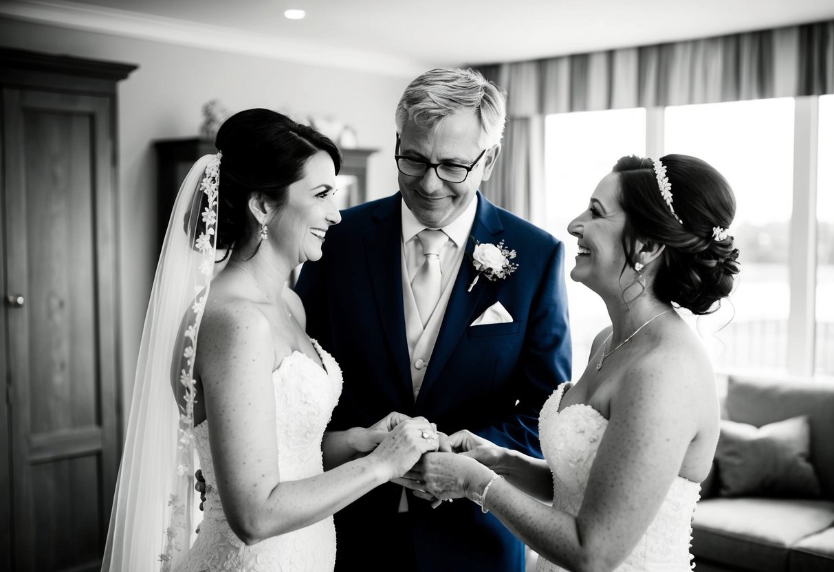 The groom's mother and the bride prepare for the wedding together, sharing a moment of bonding and support