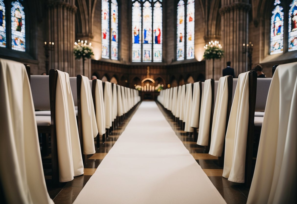 A white satin aisle runner unfurls down the center of a grand cathedral, catching the soft light filtering through stained glass windows