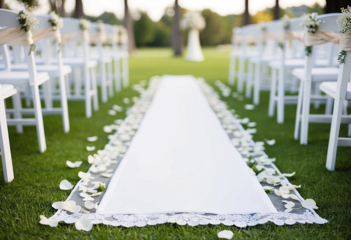 An outdoor wedding venue with a grassy aisle. Aisle runner options include fabric, lace, or petals. A soft, elegant ambiance is desired