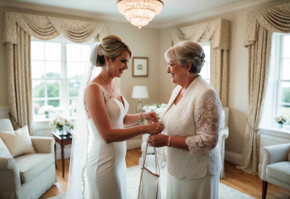 The groom's mother and bride prepare together in a serene, well-lit room filled with elegant wedding attire and accessories