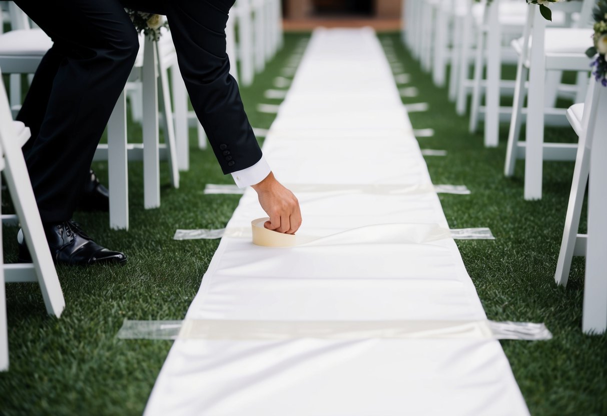 A white satin aisle runner being secured to the ground with clear tape