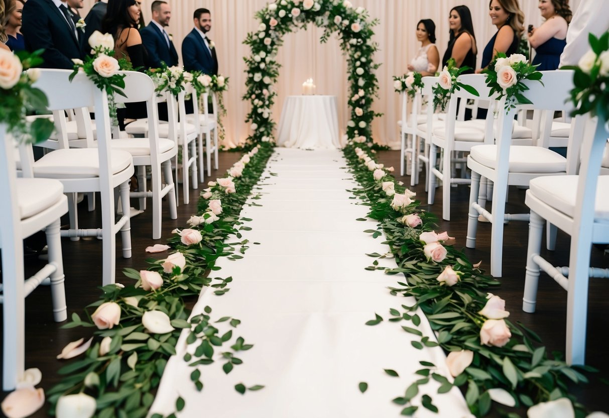 A white satin aisle runner adorned with fresh rose petals and greenery, leading to an elegant floral arch at the end