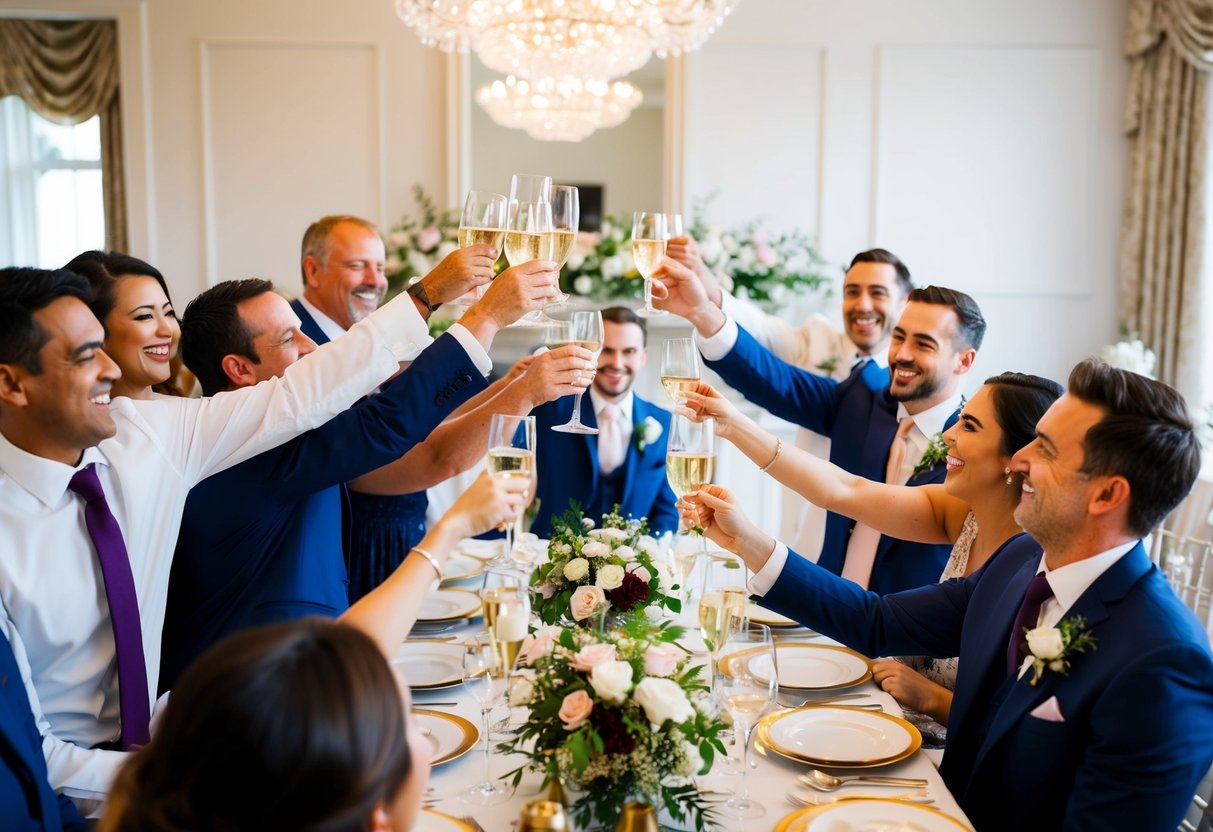 A group of people gathered around a beautifully decorated table, raising their glasses in celebration. The room is filled with laughter and joy as they toast to the newlyweds