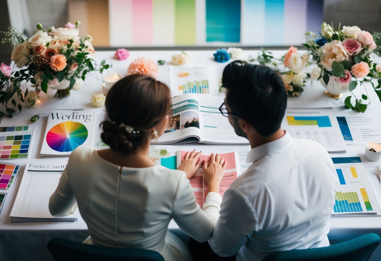 A couple sits at a table covered in wedding magazines and spreadsheets, surrounded by color swatches and flower samples, planning their wedding