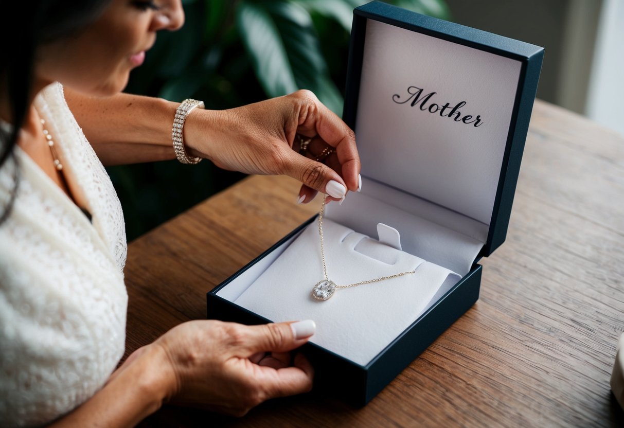 A mother places a delicate necklace into an open jewelry box, ready to gift to her daughter on her wedding day