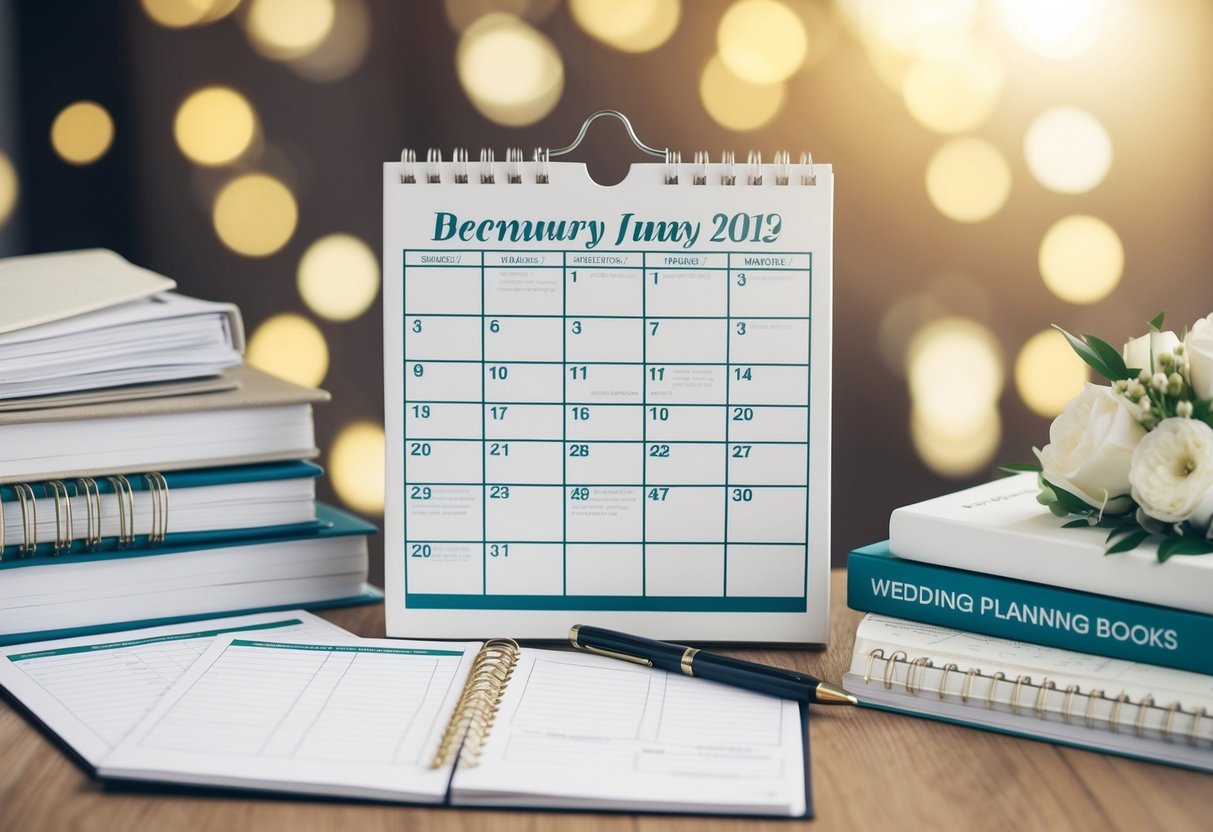 A calendar with months and dates marked, surrounded by wedding planning books, checklists, and a pen