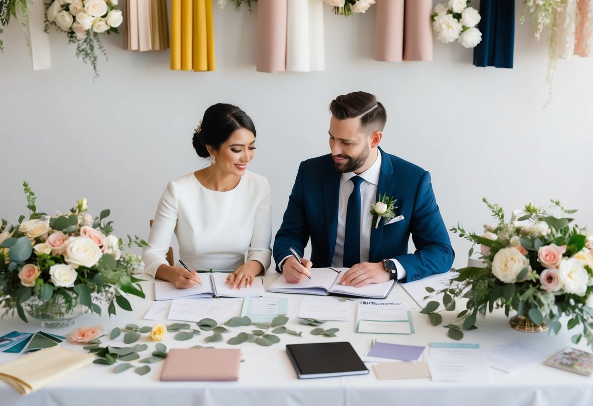 A couple sits at a table covered in wedding planning materials, surrounded by floral arrangements and fabric swatches. They discuss details and make notes in a notebook