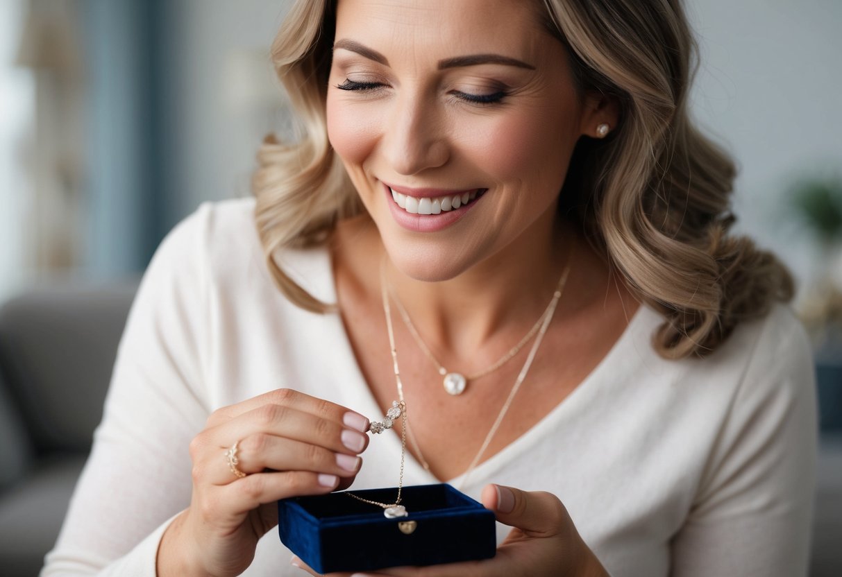 A mother places a delicate necklace in a velvet box, with tears of joy in her eyes