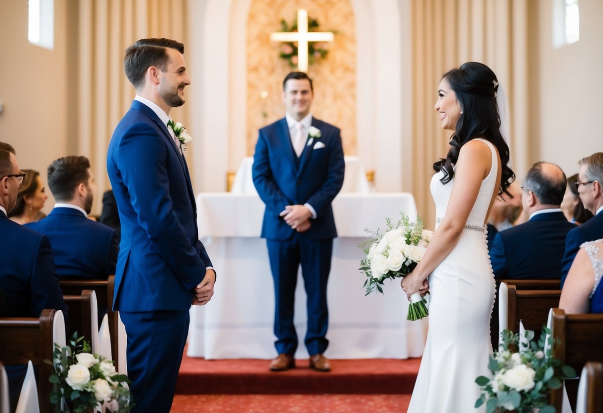 The groom stands at the altar, waiting for the bride to walk down the aisle towards him