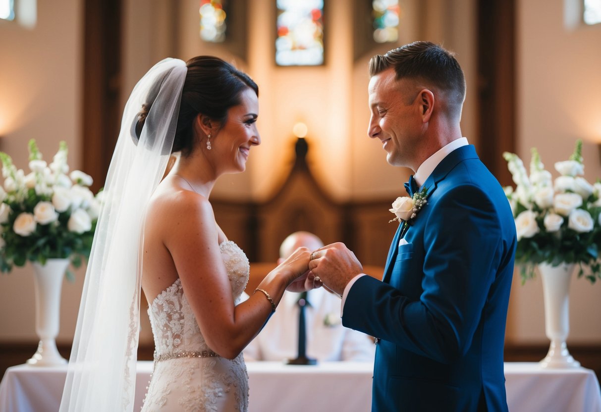 A bride and groom stand facing each other at the altar, exchanging wedding rings