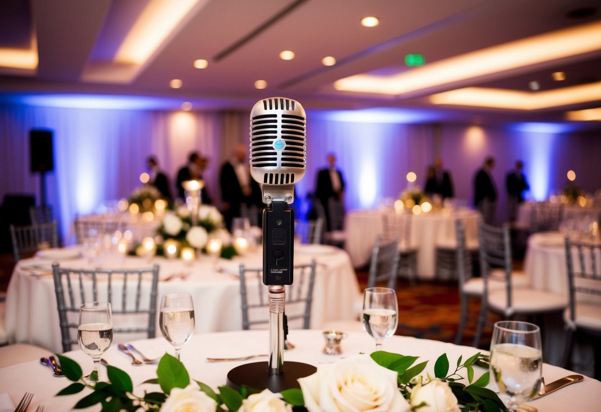 A microphone stands alone on a beautifully decorated table amidst the wedding reception