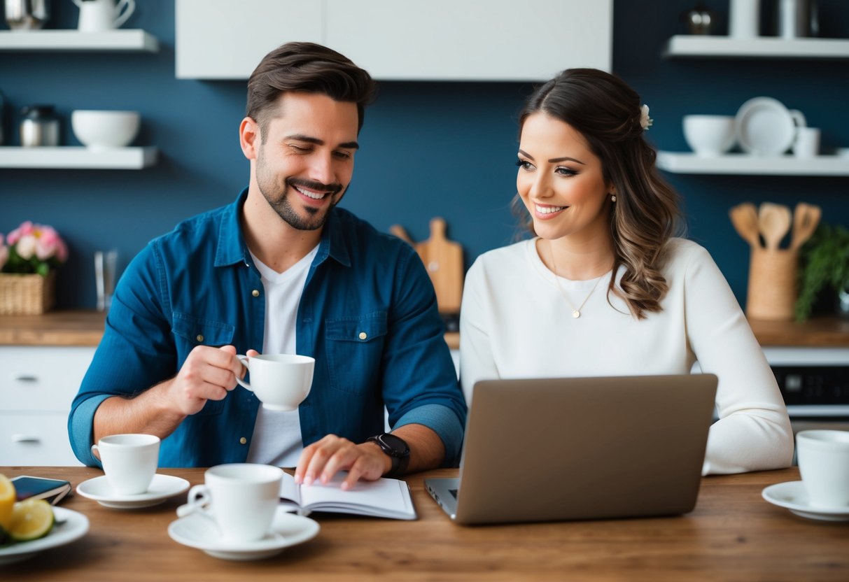 A couple sits at a table with a laptop, browsing items for a wedding registry. They discuss and select various household items