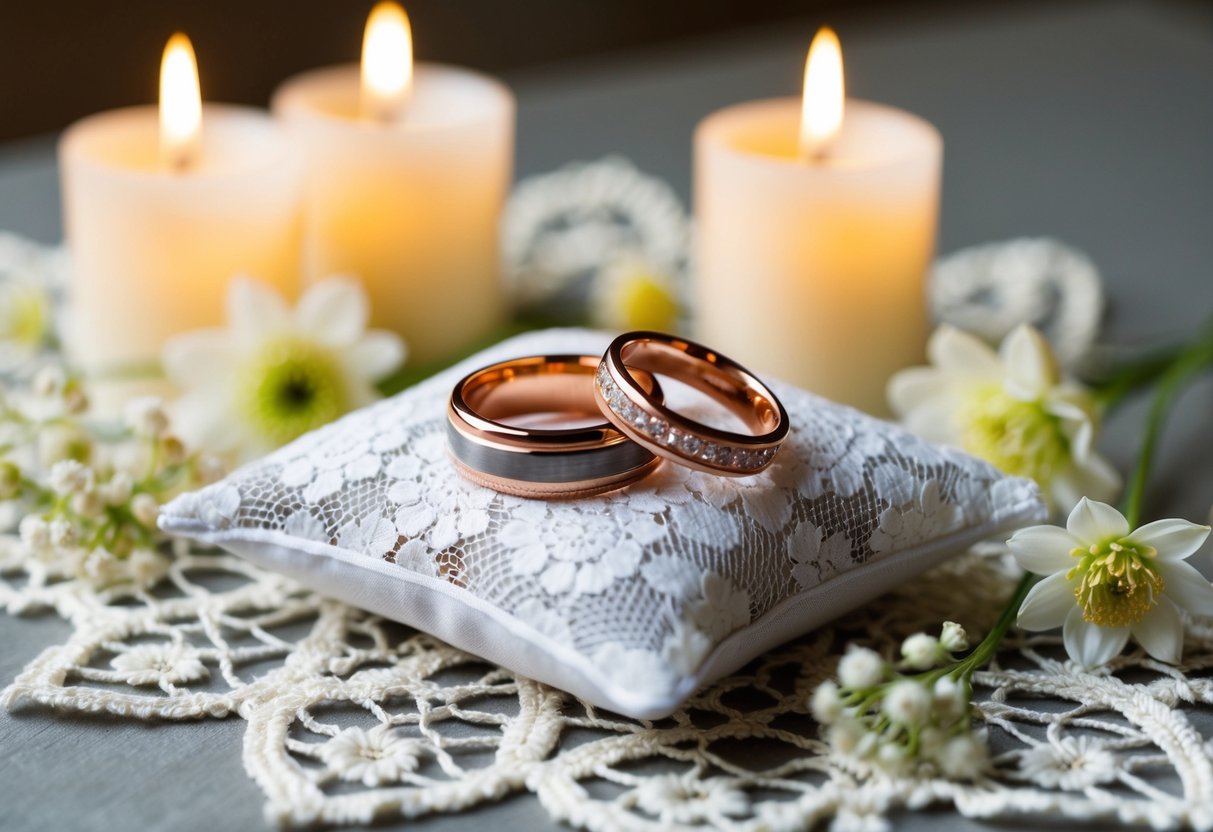 A pair of entwined wedding rings on a lace pillow, surrounded by delicate flowers and soft candlelight