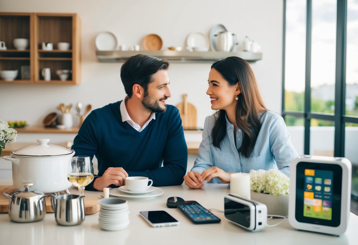 A couple sitting at a table, surrounded by wedding registry items such as kitchenware, home decor, and electronics, discussing and planning their choices