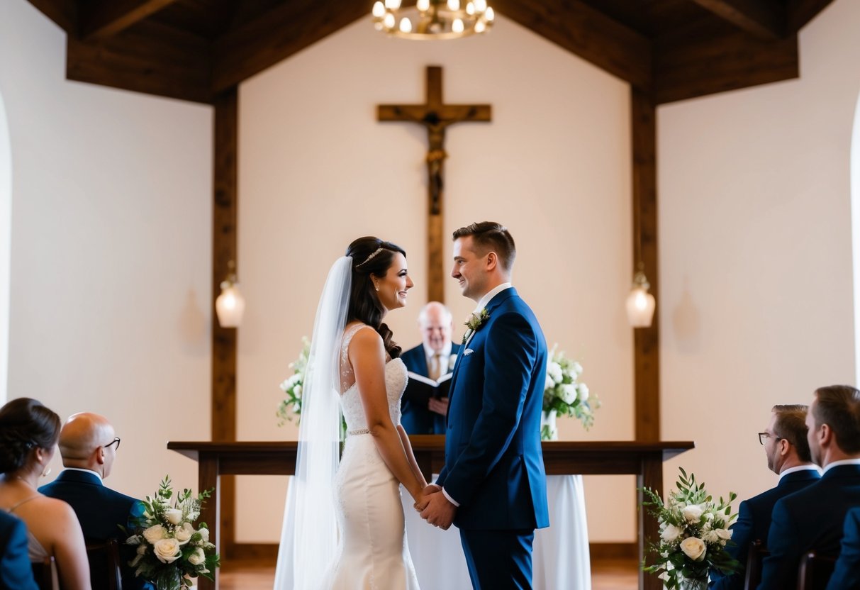 The couple stands facing each other at the altar, ready to exchange vows before saying "I do."