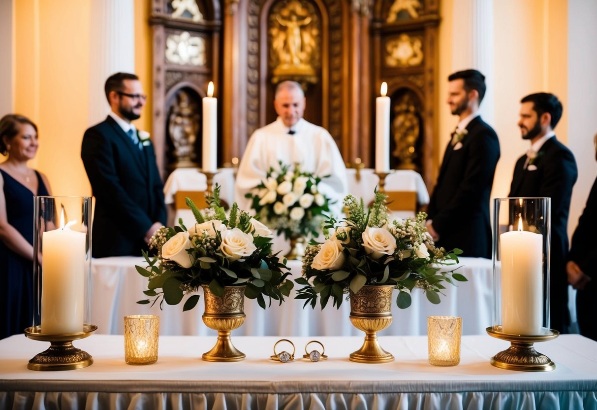 An ornate altar with two rings, a bouquet, and candles set the stage for the exchange of vows before the officiant and witnesses