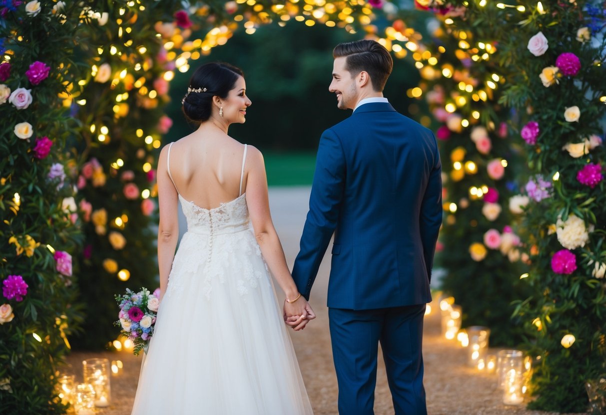 A couple stands facing each other, surrounded by colorful flowers and twinkling lights. The bride holds a bouquet while the groom clasps her hand