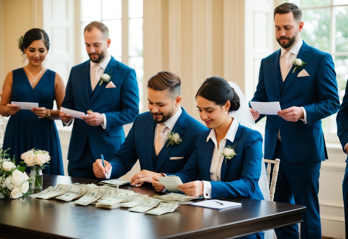 A couple sits at a table, counting cash and writing checks. Wedding vendors stand nearby, waiting to receive payment for their services