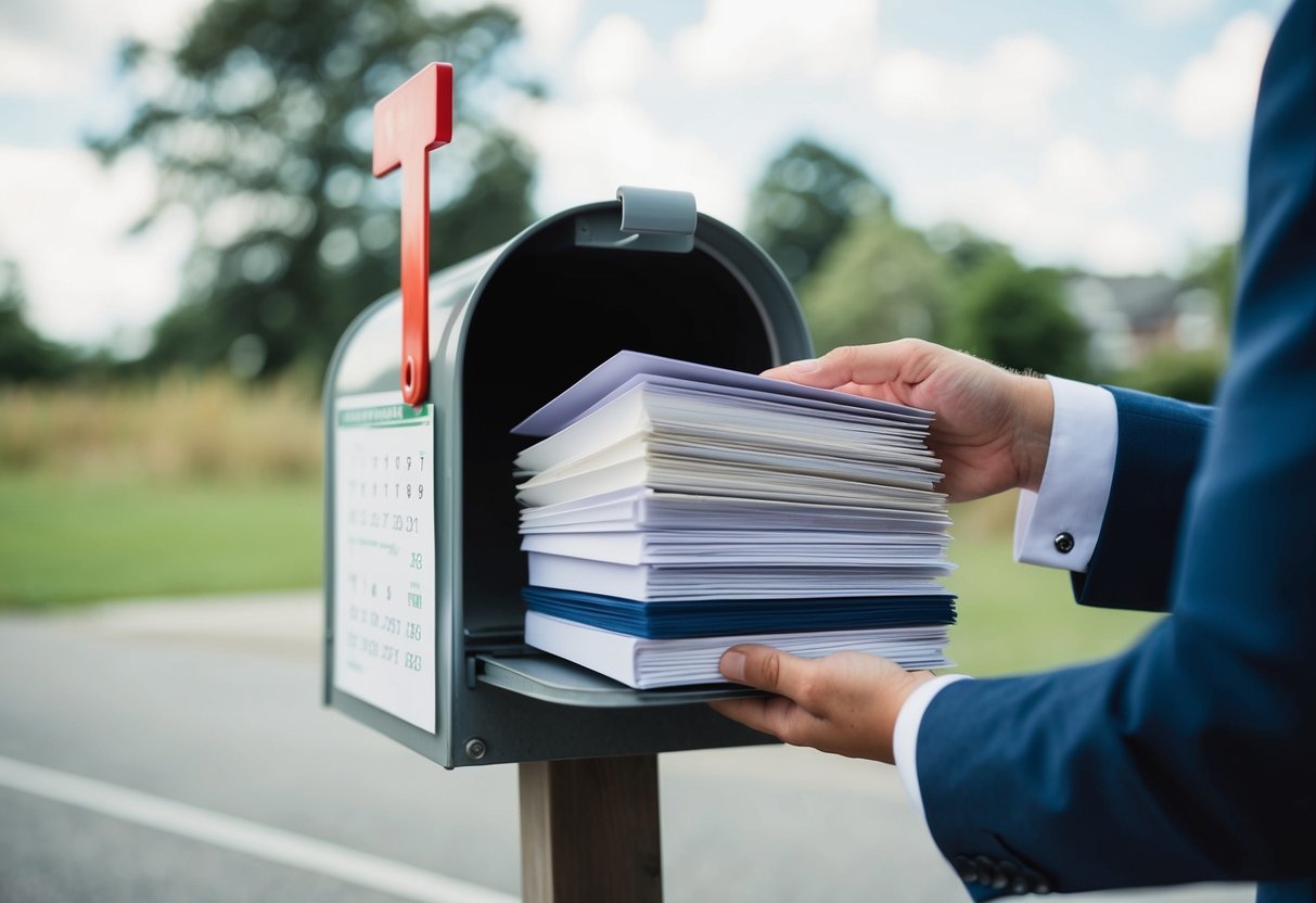 A hand placing a stack of wedding invitations into a mailbox, with a calendar showing the date a few months in advance
