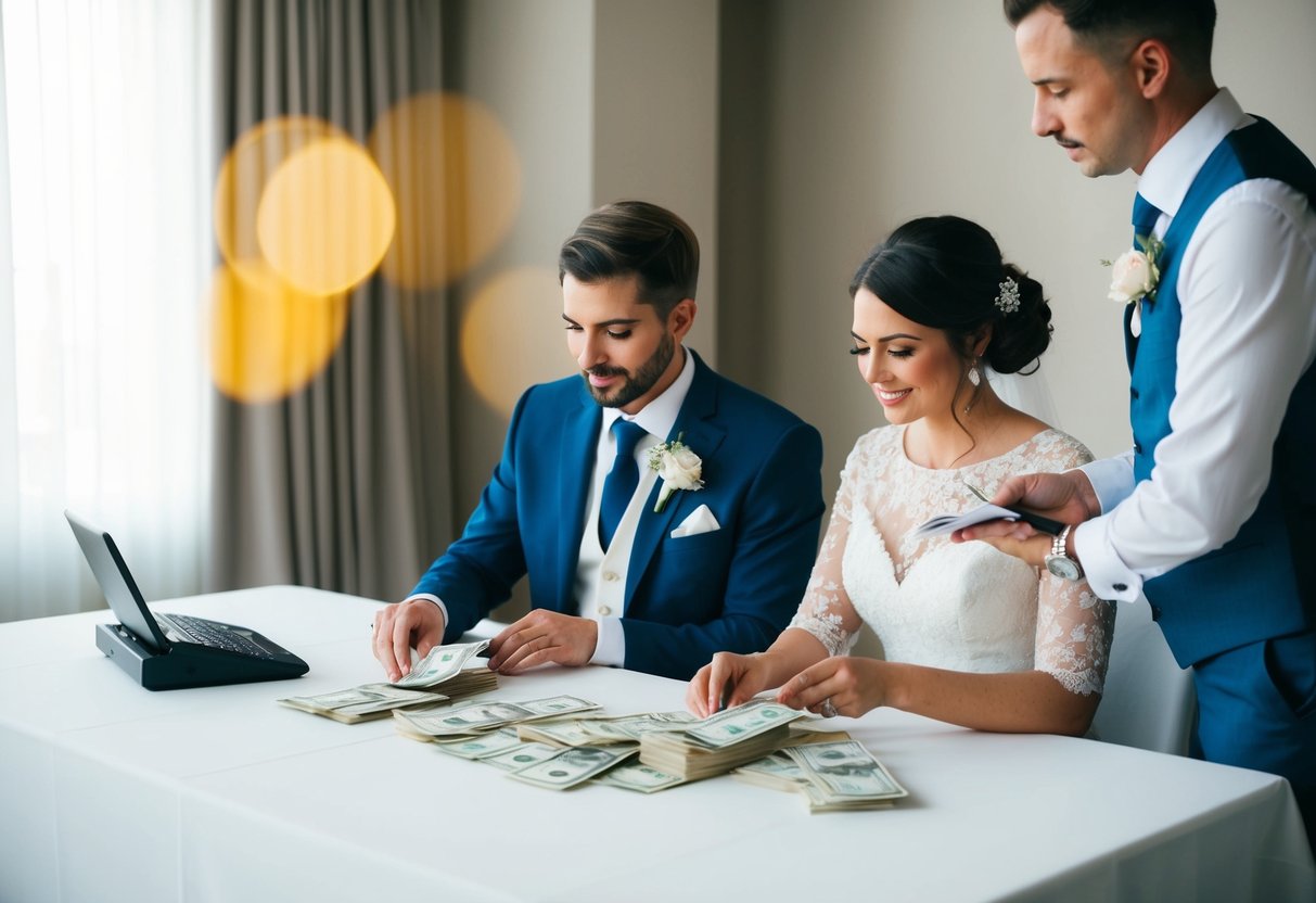 A couple sits at a table, counting money and writing checks. A wedding planner stands nearby, discussing payment options