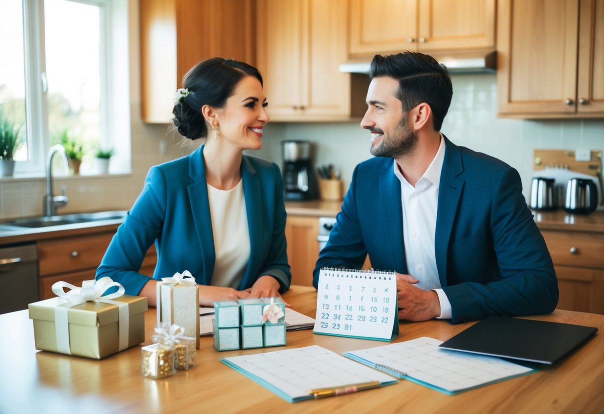 A couple sits at a kitchen table, surrounded by gift registry items and a calendar. They discuss and plan their upcoming wedding