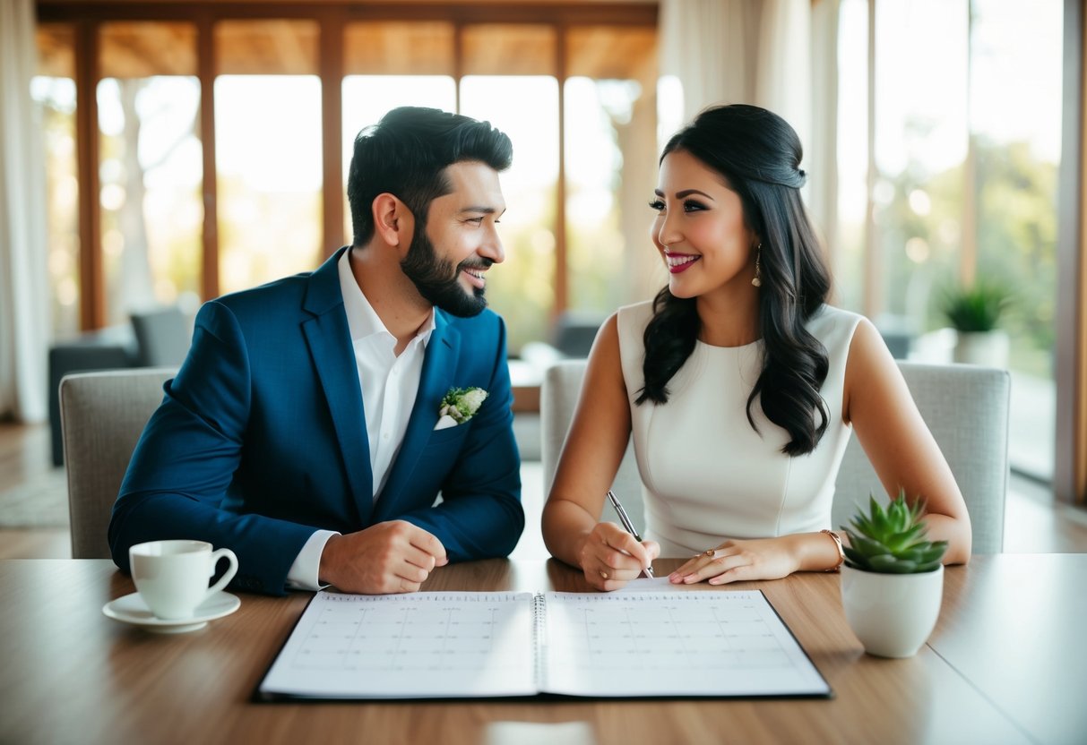 A couple sitting at a table with a calendar, discussing and planning their wedding registry