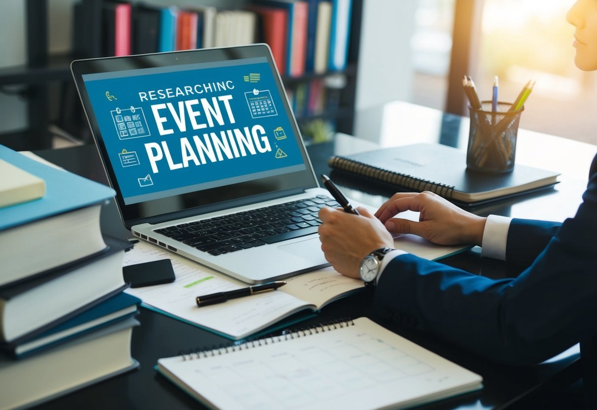 A person researching event planning on a laptop, surrounded by books and notes, with a calendar and pen nearby