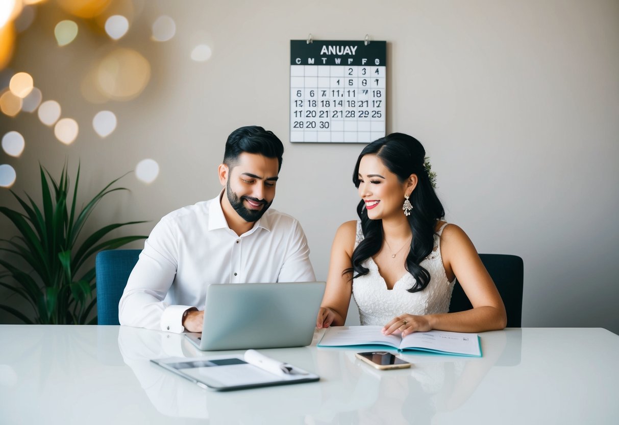 A couple sits at a table, browsing online registry platforms. A calendar on the wall shows the wedding date approaching