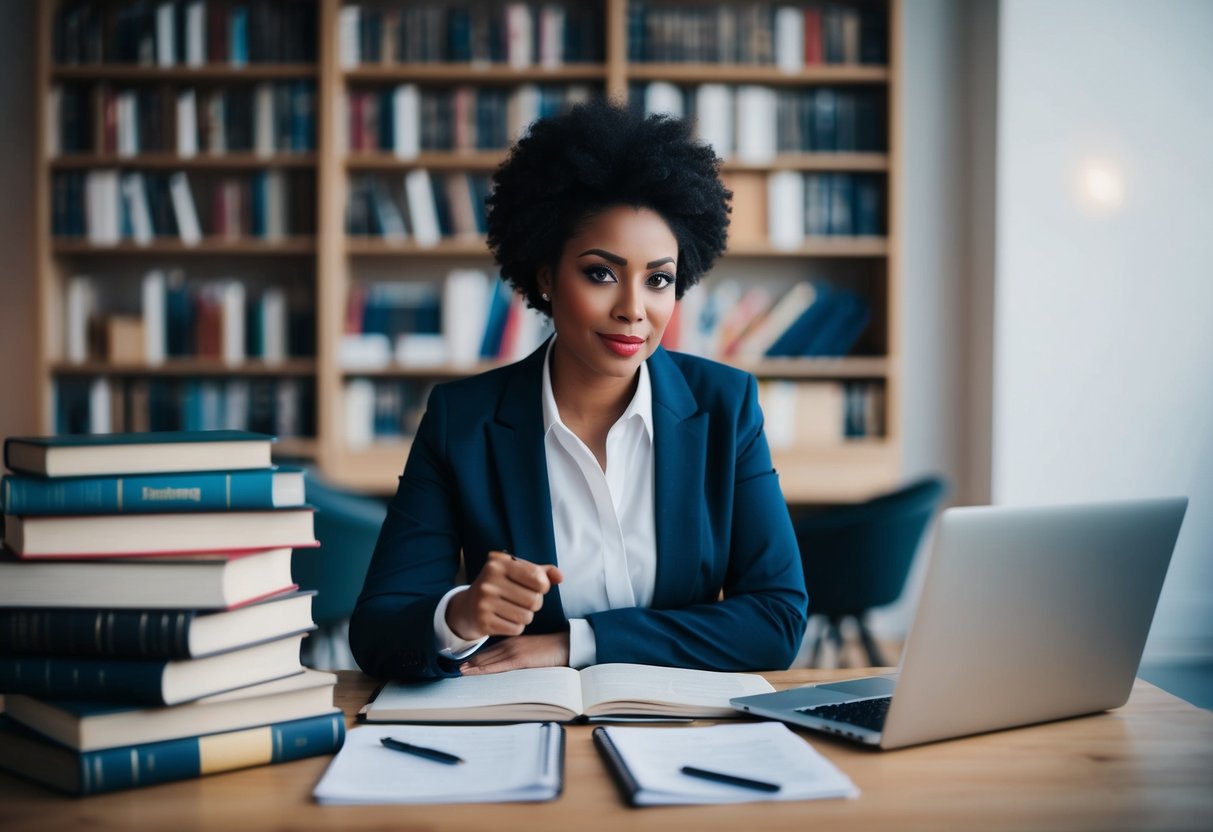 A person researching event planning in the UK, surrounded by books, a laptop, and notes, with a determined expression on their face