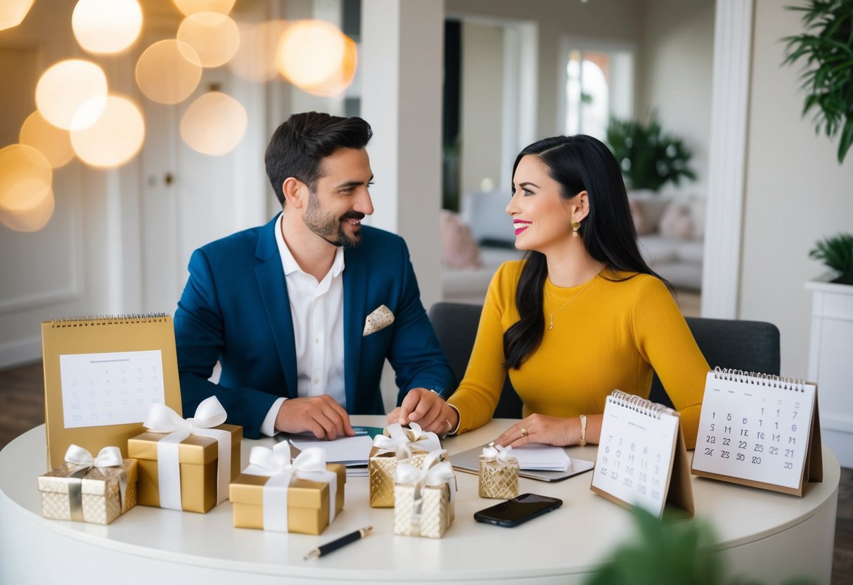A couple sits at a table, surrounded by various gift items. They discuss and plan their wedding registry, with a calendar and pen nearby